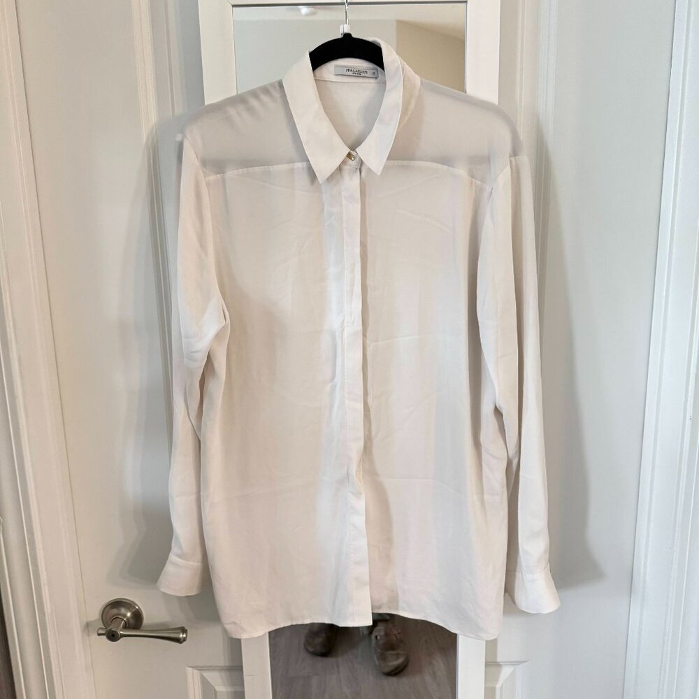 MM.LaFleur White Silk Button-Down Blouse Gold Cuff Detail Women’s Size 14